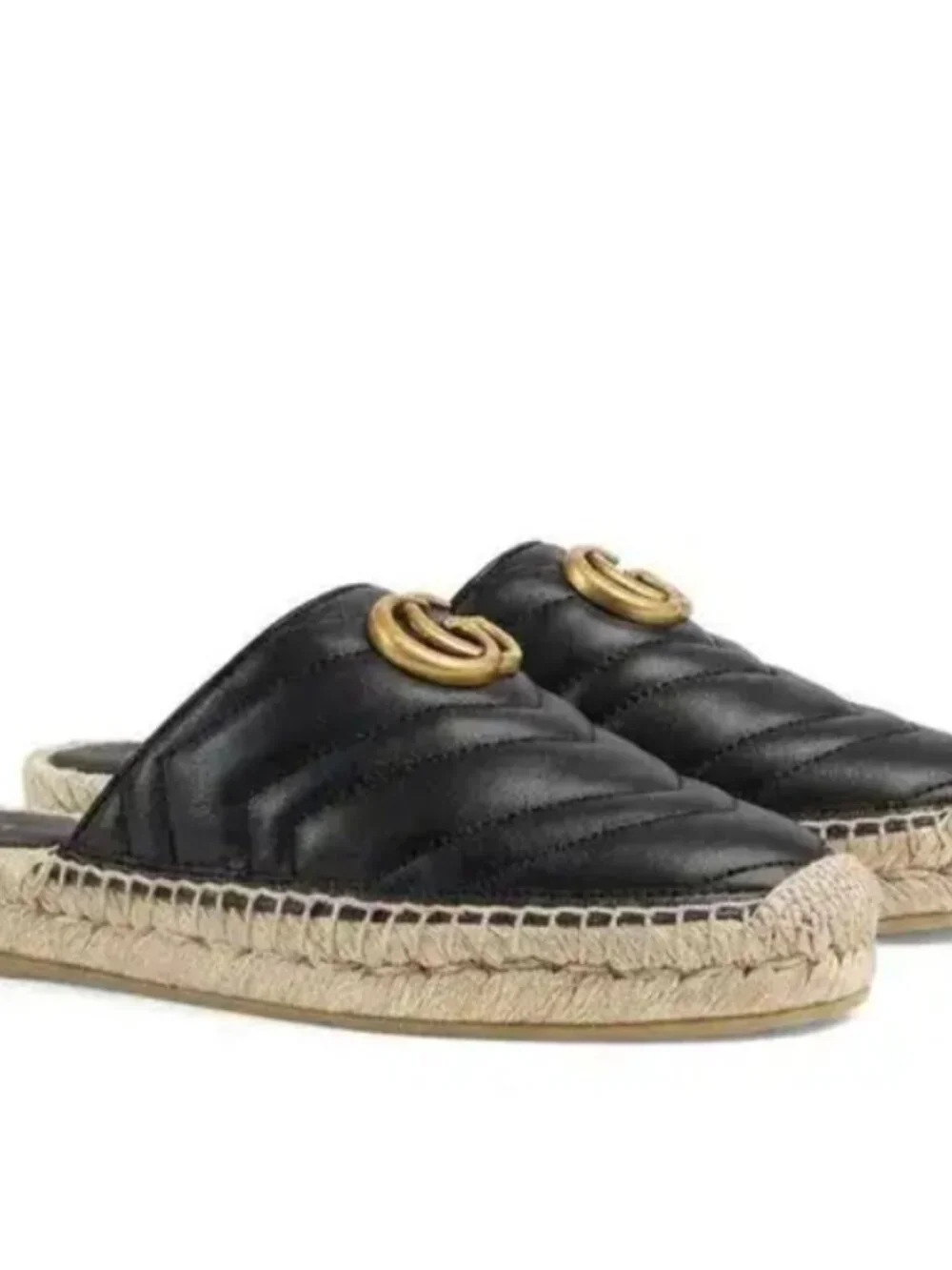 Gucci GG Charlotte Black Leather Quilted Espadrille Mule 39 US 8.5-9